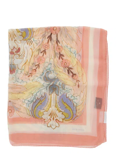 Etro Women Multicolor Rectangular Scarf With All-over Floral Motif And Logo Patch On The Side In Sil In Pink