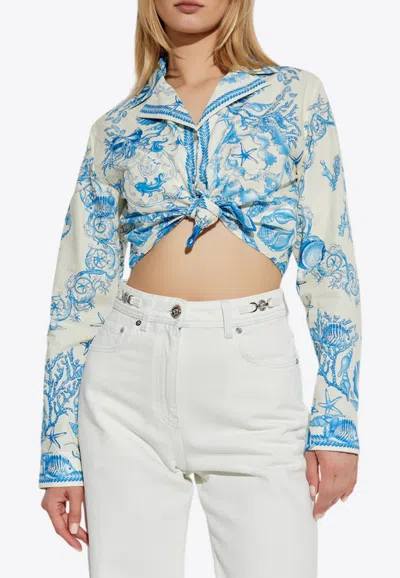 Versace Underwater Barocco Foulard Cotton Poplin Crop Shirt In Blue