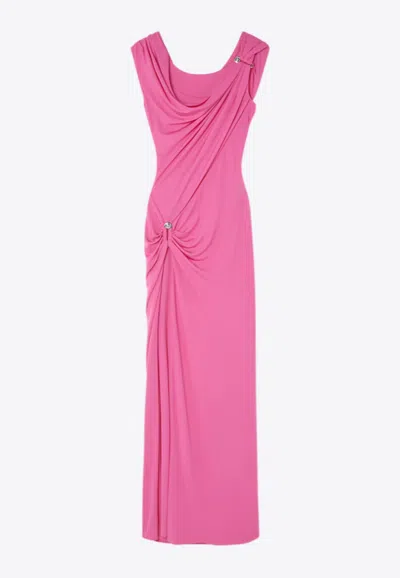 Versace Safety-pin Draped Crepe Jersey Slit Gown In Pink