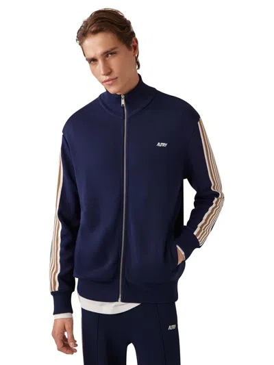 Autry High-collar Blue Jacket With Vertical Stripes And Ribbed Cuffs In Blue