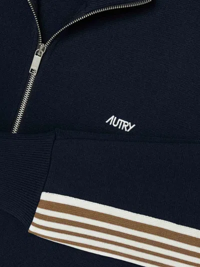 Autry High-collar Blue Jacket With Vertical Stripes And Ribbed Cuffs In Blue