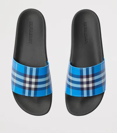 Burberry Check Pattern Flat Sole Slide Sandals In Blue