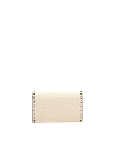 Valentino Rockstud Leather Wallet With Chain In Neutral