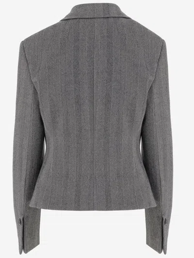 Ferragamo Herringbone-pattern Flap-pocket Blazer In Gray