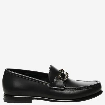 Ferragamo Crown Leather Loafer With Gancini Detail In Black