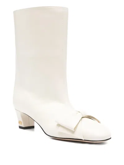 Valentino Leather Mid-calf Boots Featuring Bow Detail In White