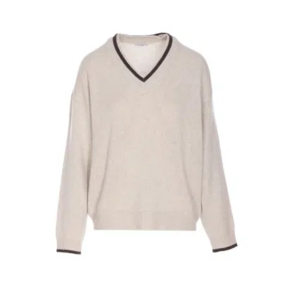 Brunello Cucinelli Open-knit Sweater With Vertical Stripes In Neutral