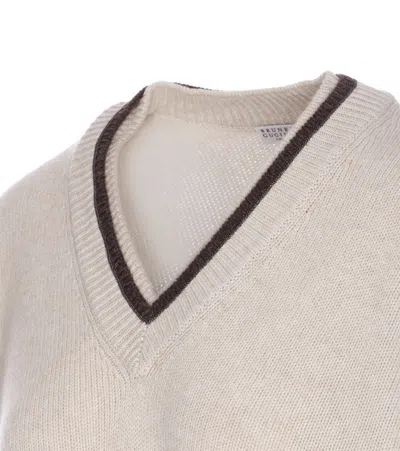 Brunello Cucinelli Open-knit Sweater With Vertical Stripes In Neutral