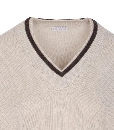 Brunello Cucinelli Open-knit Sweater With Vertical Stripes In Neutral