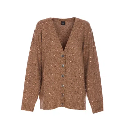 Pinko Bouclé Fabric Cardigan With Rhinestones In Brown