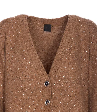 Pinko Bouclé Fabric Cardigan With Rhinestones In Brown
