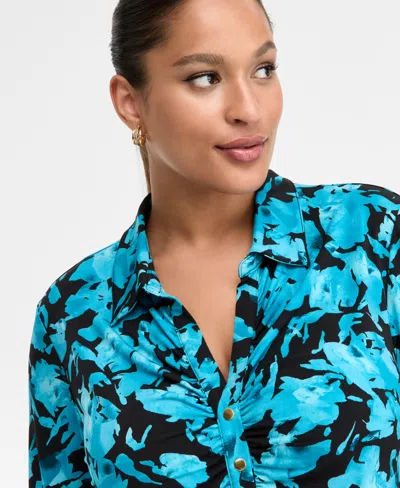Inc International Concepts Plus Size Printed Long-sleeve Surplice-neck Top, Macy's Exclusive In Multi