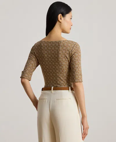 Ralph Lauren Geo-print Stretch Cotton Boatneck Tee In Brown