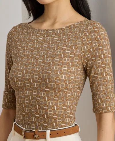 Ralph Lauren Geo-print Stretch Cotton Boatneck Tee In Brown
