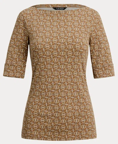 Ralph Lauren Geo-print Stretch Cotton Boatneck Tee In Brown