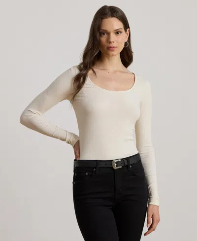 Ralph Lauren Women's Rib-knit Long-sleeve Scoopneck Tee In White