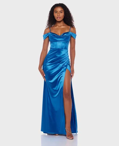 B Darlin Juniors' Cowl-neck High-slit Corset Gown, Created For Macy's In Blue
