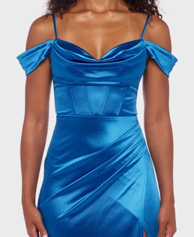 B Darlin Juniors' Cowl-neck High-slit Corset Gown, Created For Macy's In Blue