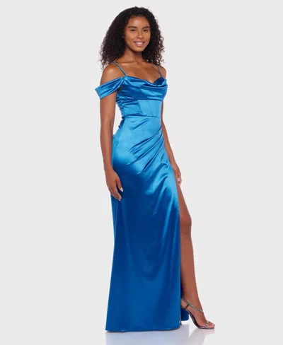 B Darlin Juniors' Cowl-neck High-slit Corset Gown, Created For Macy's In Blue