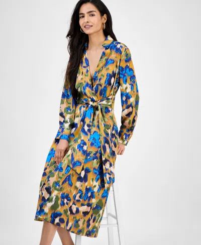 Tahari Asl Women's Printed V-neck Tie-waist Midi Dress In Multi