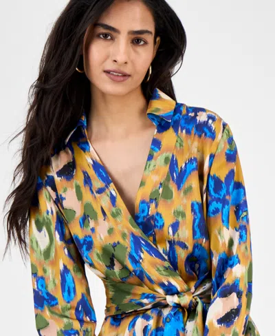 Tahari Asl Women's Printed V-neck Tie-waist Midi Dress In Multi