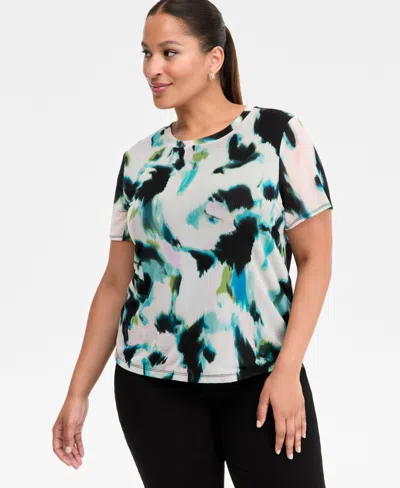 Inc International Concepts Plus Size Printed Mesh Short-sleeve Top, Macy's Exclusive In Multi