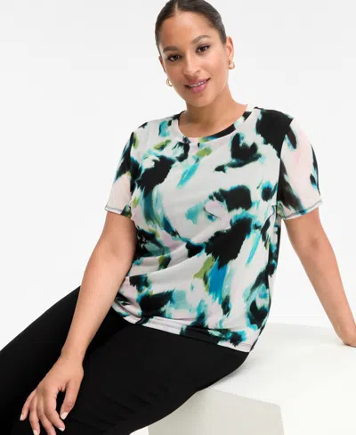 Inc International Concepts Plus Size Printed Mesh Short-sleeve Top, Macy's Exclusive In Multi