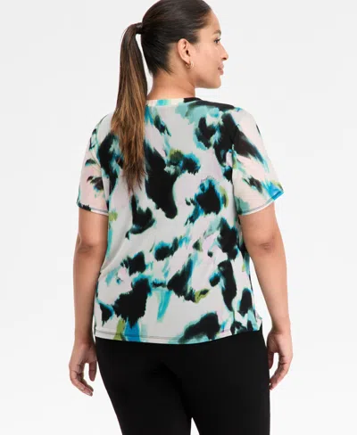 Inc International Concepts Plus Size Printed Mesh Short-sleeve Top, Macy's Exclusive In Multi
