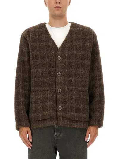 Our Legacy Embroidered Wool Blend V-neck Cardigan With Front Pockets In Brown