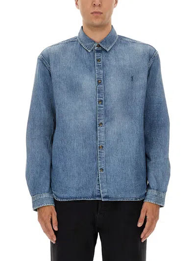 Saint Laurent Cassandre' Blue Cotton Shirt In Blue