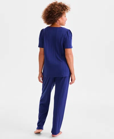 Charter Club Women's Short-sleeve Pointelle Knit Pajama Set In Blue