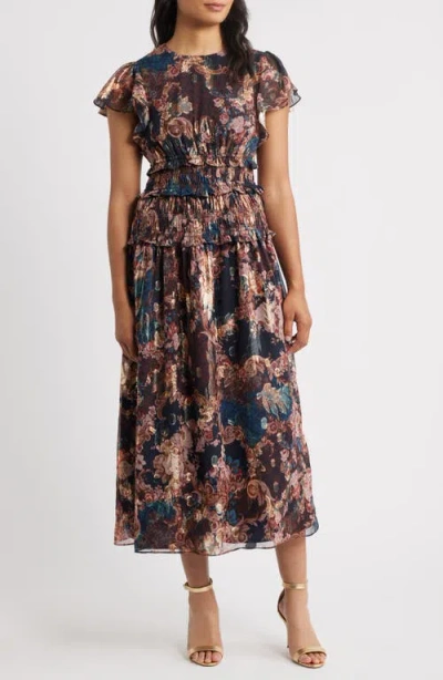 Eliza J Metallic Floral Flutter Sleeve Midi Dress In Multi