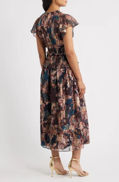 Eliza J Metallic Floral Flutter Sleeve Midi Dress In Multi