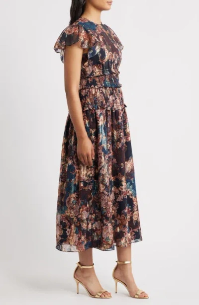 Eliza J Metallic Floral Flutter Sleeve Midi Dress In Multi