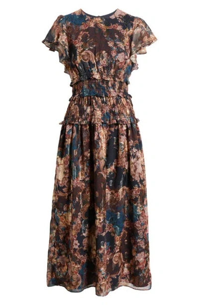 Eliza J Metallic Floral Flutter Sleeve Midi Dress In Multi