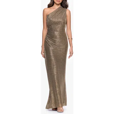 Betsy & Adam One-shoulder Metallic Crinkled Column Gown In Brown