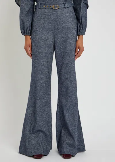 Zimmermann Hypnotic Belted Linen-blend Trousers In Blue