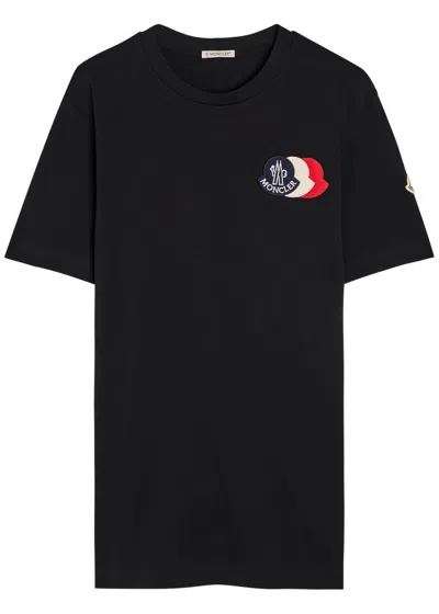 Moncler Blue T-shirt With Embroidered Tricolor Logo In Black