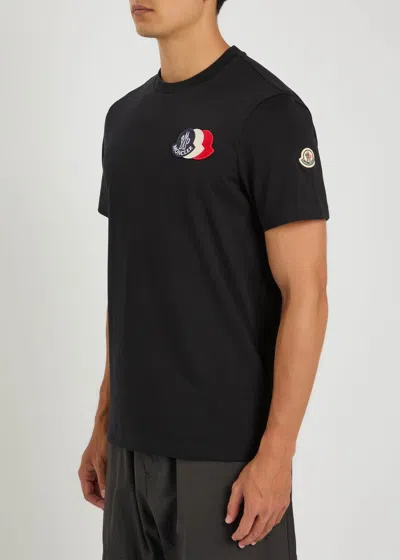 Moncler Blue T-shirt With Embroidered Tricolor Logo In Black
