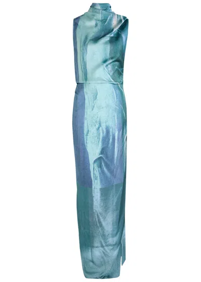 Jean Paul Gaultier Printed Long Sleeveless Satin Dress With Cuffling Detail On The Back In Multi