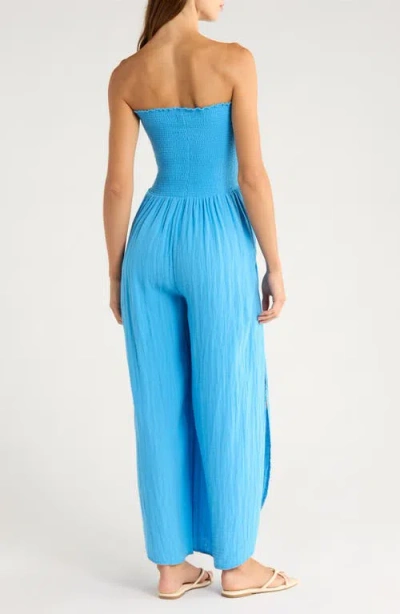 Elan Smocked Strapless Cover-up Jumpsuit In Blue