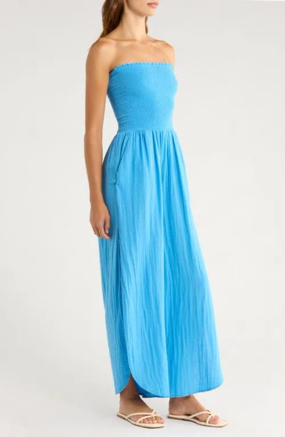 Elan Smocked Strapless Cover-up Jumpsuit In Blue
