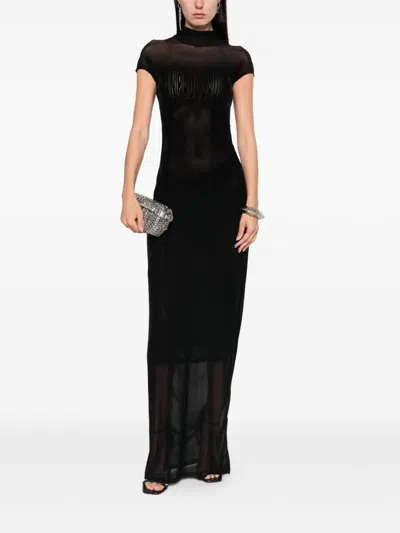 Jean Paul Gaultier Sheer Fabric Floor-length Dress With Cap Sleeves In Black