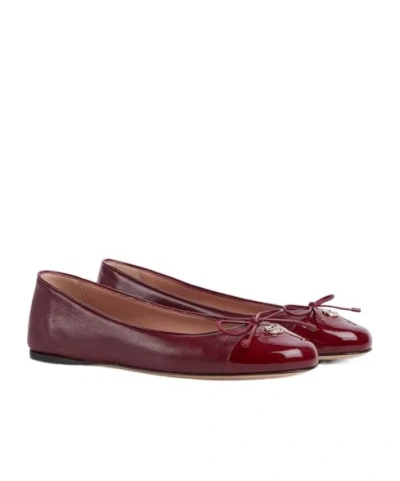 Gucci Women Leather Ballerinas With Patent Leather Details In Burgundy