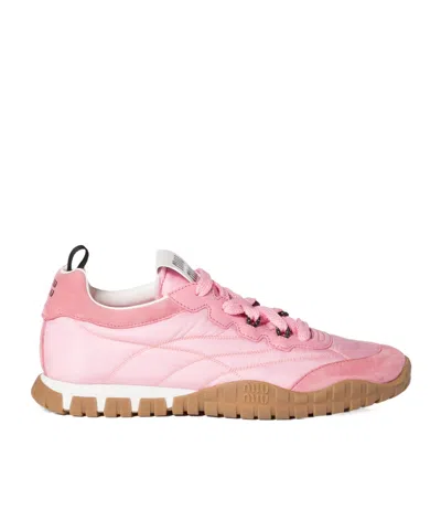 Miu Miu Tyre Sneakers In Technical Fabric And Suede Shoes In Pink