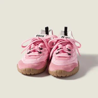 Miu Miu Tyre Sneakers In Technical Fabric And Suede Shoes In Pink