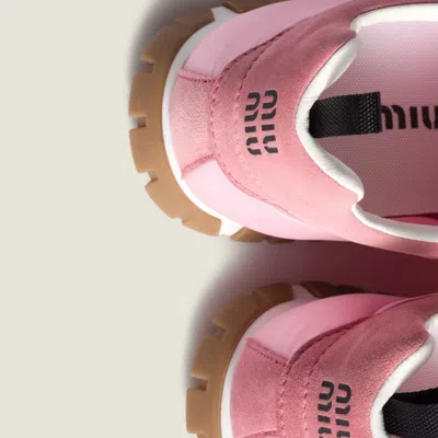 Miu Miu Tyre Sneakers In Technical Fabric And Suede Shoes In Pink