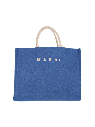 Marni Shopper Bag With Shoulder Strap And Top Handles In Blue
