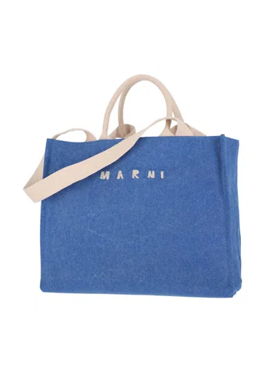 Marni Shopper Bag With Shoulder Strap And Top Handles In Blue