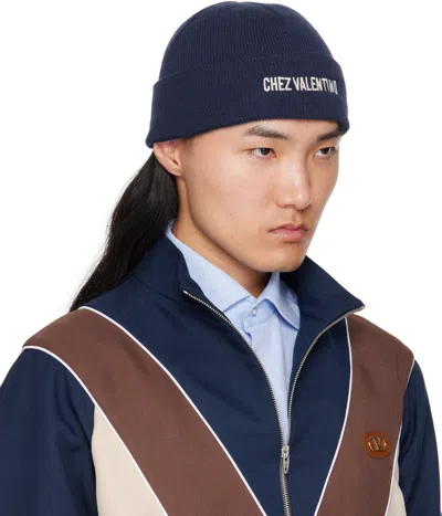 Valentino Garavani Cotton And Wool Blend Beanie With Turn-up Brim In Blue